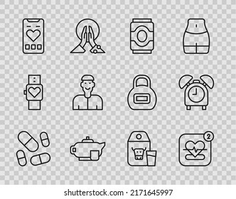 Set line Vitamin pill, Mobile with heart rate, Soda can, Teapot cup, Positive thinking, Paper package for milk and Alarm clock icon. Vector