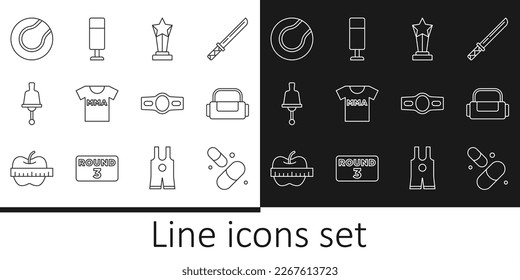 Set line Vitamin pill, Sport bag, Award cup, T-shirt with fight club MMA, Ringing bell, Tennis ball, Boxing belt and Punching icon. Vector