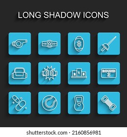 Set line Vitamin pill, Tennis ball, Whistle, Kettlebell, Chest expander, Punch boxing gloves, Boxing ring board and Award over sports winner podium icon. Vector