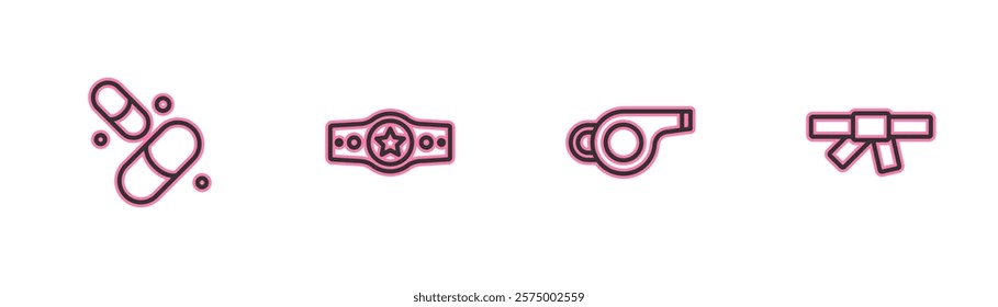 Set line Vitamin pill, Whistle, Boxing belt and Black karate icon. Vector