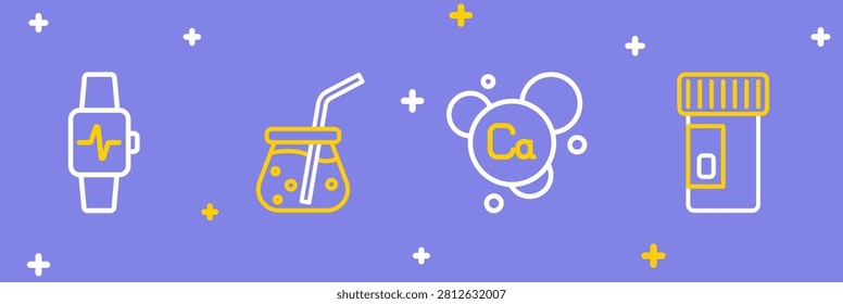 Set line Vitamins, Calcium, Fresh smoothie and Smart watch with heart icon. Vector