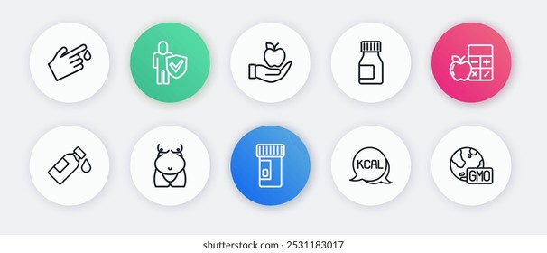Set line Vitamins, Calorie calculator, Bottle of water, Kcal, Apple, GMO and Obesity icon. Vector