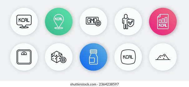Set line Vitamins, Diet plan, Bathroom scales, Kcal, Healthy lifestyle, No GMO, Salt and sugar free icon. Vector
