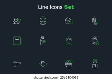 Set line Vitamins, Salad bowl, Calorie calculator, Sports nutrition proteine, Intestines, Kcal, Lactose intolerance and Bathroom scales icon. Vector