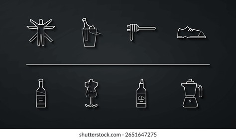 Definir linha Homem Vitruviano, Garrafa de vinho, Sapatos masculinos, azeite, Manequim, balde, Cafeteira de moca e ícone de espaguete de massa. Vetor