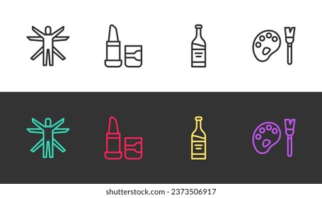 Set line Vitruvian Man, Lipstick, Bottle of wine and Paint brush with palette on black and white. Vector