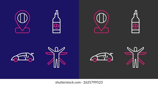 Set line Vitruvian Man, Sport racing car, Bottle of olive oil and Location flag Italy icon. Vector