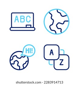 Set line Vocabulary, Learning foreign languages, Earth globe and Chalkboard icon. Vector
