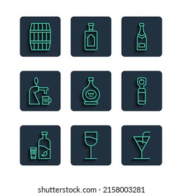 Ponga la línea Vodka con pimienta y vidrio, vino, cóctel, botella de champán, botella de coñac o brandy, grifo de cerveza, barril de madera e icono de abreador. Vector