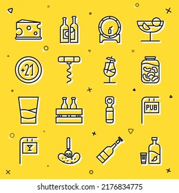 Set line Vodka with pepper and glass, Street signboard Pub, Pickled cucumbers in jar, Wooden barrel on rack, Wine corkscrew, Alcohol 21 plus, Cheese and Cocktail icon. Vector