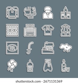 Set line Vodka con pimienta y vidrio, mapa de Ucrania, mujer ucraniana, cosaco, edificio del hotel ucraniano, patrón étnico, camisa bordada e icono. Vector