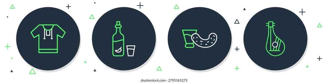 Set line Vodka with pepper and glass, Glass vodka, Embroidered shirt and Bandura icon. Vector