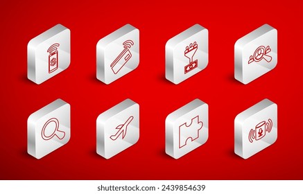 Set line Voice assistant, Contactless payment, Lead management, Magnifying glass for search people, Piece of puzzle, Plane and  icon. Vector