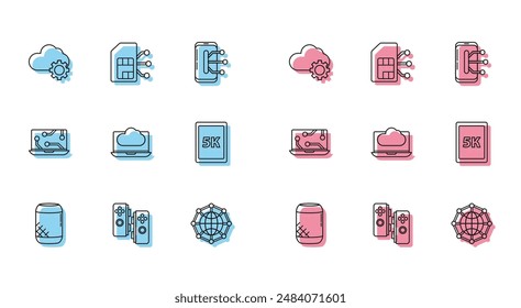 Set line Voice assistant, Gamepad, Cloud technology data transfer and storage, Global social network, Tablet with text 5k, Laptop and Sim card icon. Vector