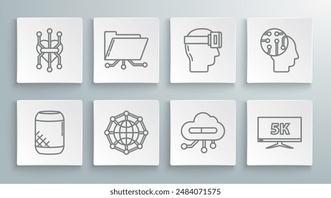 Set line Voice assistant, Global technology or social network, Internet of things, Monitor display with 5k video, Virtual reality glasses, Human brain digital circuit board and Processor icon. Vector