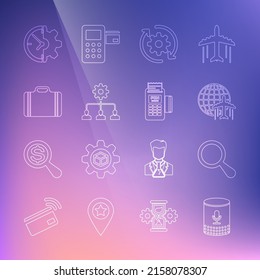 Ajuste el asistente de voz en línea, la luna de aumento, el globo con plano de vuelo, el flujo de trabajo de engranajes y flechas, la gestión del plomo, la maleta para viajes, el engranaje del reloj y el icono del terminal POS. Vector