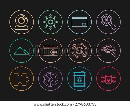 Set line Voice assistant, Magnifying glass for search people, Credit card, Cash back, Mountains, Web camera, Return of investment and Copywriting network icon. Vector
