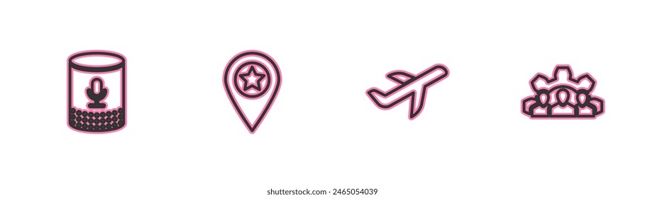 Set line Voice assistant, Plane, Location with star and Project team base icon. Vector
