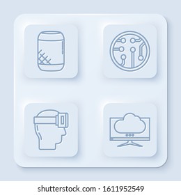 Set line Voice assistant, Processor, Virtual reality glasses and Computer monitor screen. White square button. Vector