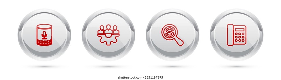 Set line Voice assistant, Project team base, Magnifying glass and dollar and Telephone. Silver circle button. Vector