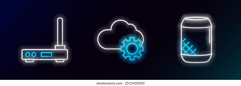 Set line Voice assistant, Router and wi-fi signal and Cloud technology data transfer storage icon. Glowing neon. Vector