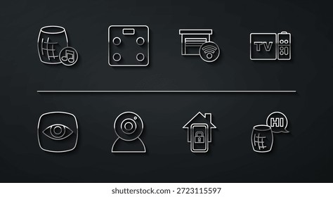 Asistente de voz, cámara de seguridad, receptor de caja multimedia y de TV, móvil con hogar inteligente, Web, básculas de baño inteligentes e ícono de garaje. Vector