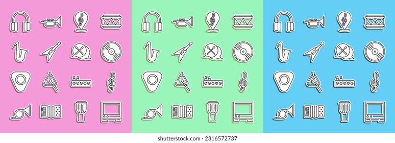 Set line Voice assistant, Treble clef, Vinyl disk, Electric bass guitar, Musical instrument saxophone, Headphones and Drum sticks icon. Vector