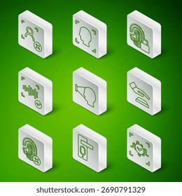 Establecer línea Reconocimiento de voz, cerradura de puerta de huellas dactilares, cara de rechazo, cara, huella digital e icono de palma. Vector