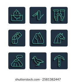 Set line Volcano, Albatross, Pickaxe, Binoculars, Mountains, Socks, Iceberg and Horse icon. Vector