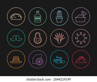 Set line Volcano eruption with lava, Sun, Cactus or succulent in pot, Avocado fruit, Mustache, Taco tortilla, Agave and Tequila bottle icon. Vector