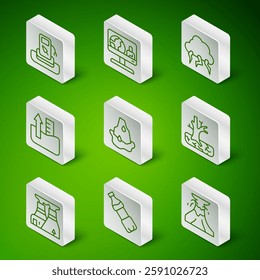 Set line Volcano eruption with lava, Bottle of water, Petrol or gas station, Glacier melting, Rise level, Weather forecast, Nuclear power plant and Withered tree icon. Vector