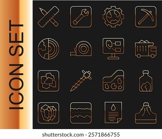 Set line Volcano, Ore mining, Mining dump truck, Gear wheels and earth, Roulette construction, Earth core structure crust, Crossed ruler pencil and Soil analysis icon. Vector