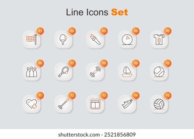 Set line Voleibol, zapatillas de deporte de fitness, marcador mecánico deportivo, flechas medievales, ritmo cardíaco, béisbol, velero de yate e icono de mancuerna. Vector