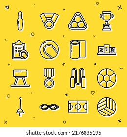Set line Volleyball ball, Football, Award over sports winner podium, Billiard balls rack triangle, Baseball, Checklist clipboard and tennis, Bowling pin and Fitness mat roll icon. Vector