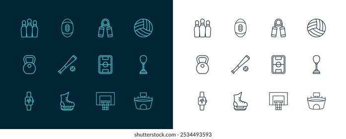 Set line Volleyball ball, Skates, Football field, Basketball backboard, Baseball bat with, Sport expander, Bowling pin and American icon. Vector