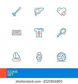 Set line Volleyball ball, Smart watch with heart, Yacht sailboat, Tennis racket, Ribbon in finishing line, Football jersey and t-shirt, Heart rate and Whistle icon. Vector