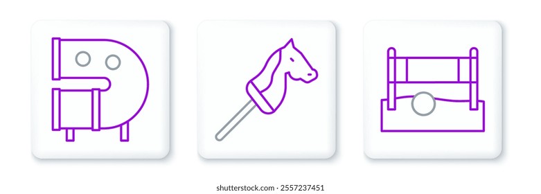 Set line Volleyball net with ball, Kid playground slide pipe and Toy horse icon. Vector