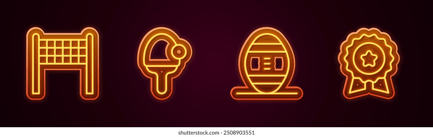 Set line Volleyball net, Racket, American Football and Medal with star. Glowing neon icon. Vector