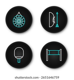 Red de voleibol de la línea del sistema, raqueta para jugar al tenis de mesa, arco y flecha carcaj e icono clásico del tablero del dardo. Vector