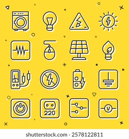 Set line Voltmeter, Electrical symbol ground, Light bulb with leaf, High voltage, Computer mouse, Resistor in electronic circuit, Washer and Solar energy panel icon. Vector