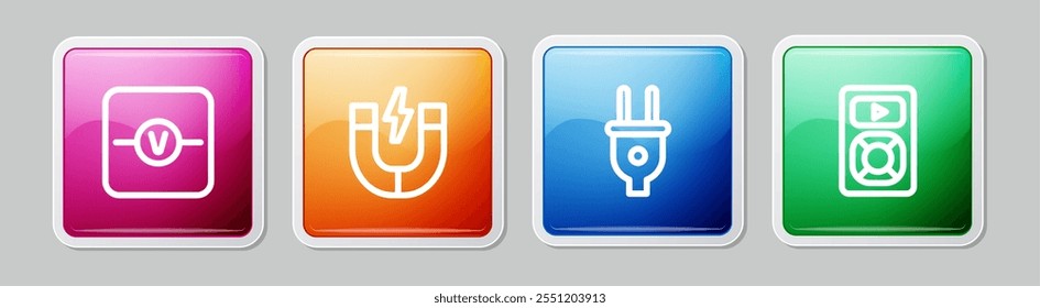 Set line Voltmeter, Magnet, Electric plug and Music player. Colorful square button. Vector