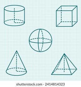 set of line volumetric geometric basic shapes, isolated math items