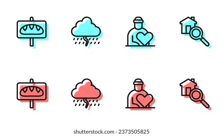 Set line Volunteer, Donation food, Cloud with rain and Search house icon. Vector