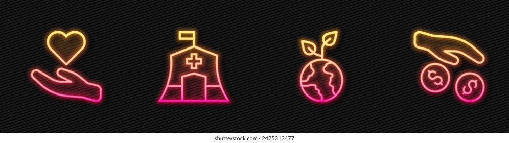Set line Volunteer team planting trees, Heart hand, Emergency medical tent and Donation charity. Glowing neon icon. Vector