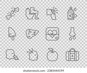 Set line Erbrechen Mann, Erste Hilfe Kit, Gelenkschmerzen, Knieschmerzen, Mann mit Kopfschmerzen, menschliches gebrochenes Knochen, Hepatitis-Virus, Apfel-und Sonnennase-Symbol. Vektorgrafik