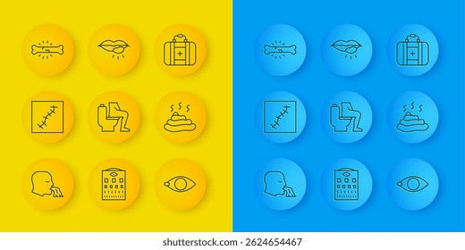 Vómito hombre, cicatriz con sutura, estreñimiento, ceguera, mierda, dolor de huesos, kit de primeros auxilios y el icono del labio del herpes. Vector