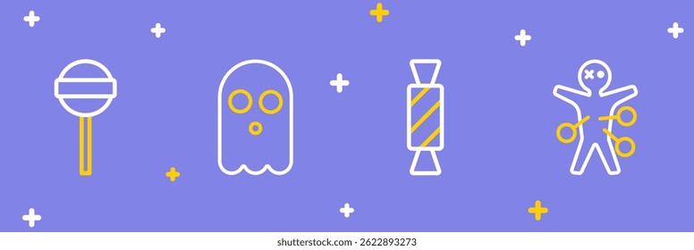Set line Voodoo doll, Candy, Ghost and Lollipop icon. Vector