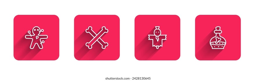 Set line Voodoo doll, Crossed bones, Scarecrow and Bottle with potion with long shadow. Red square button. Vector