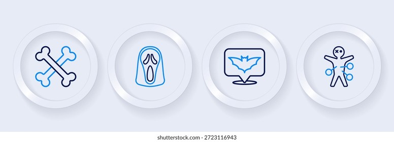 Muñeca de vudú, murciélago volador, máscara de fantasma divertida y aterradora e icono de huesos cruzados. Vector