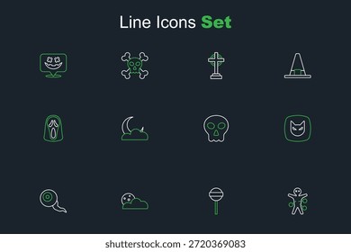 Set line Muñeca vudú, piruleta, luna y estrellas, ojo, gato negro, cráneo, y divertido icono de máscara de fantasma de miedo. Vector